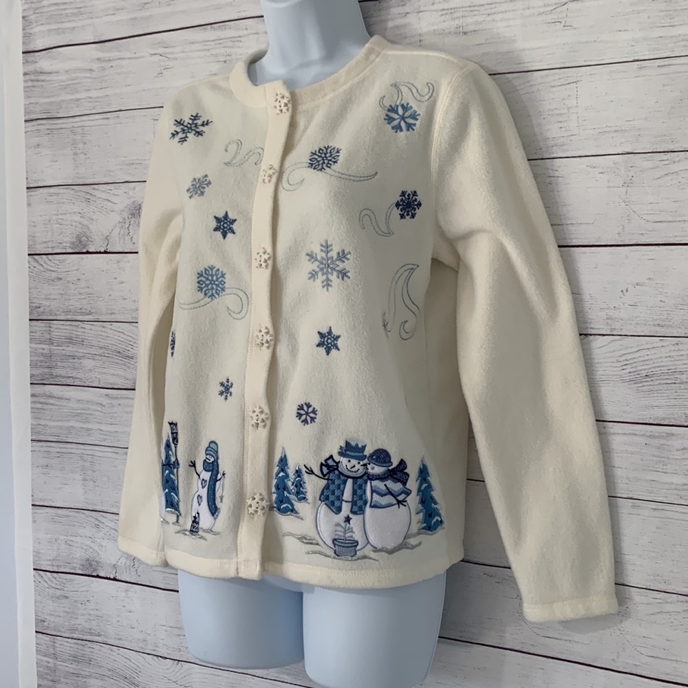 Euc Fashion Bug Snowman/Snowflake Button-Down Fle… - image 2